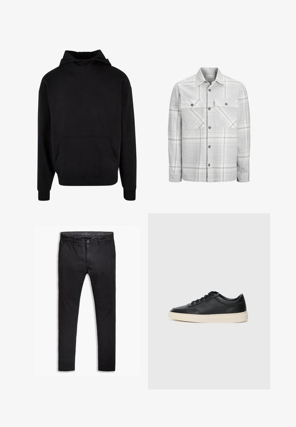 Grå rutete flanellskjorte med knappefester og to brystlommer. Har et rutete mønster med hvite og svarte detaljer.; Svart hettegenser laget av mykt stoff, med kengurulomme, ribbede mansjetter og avslappet passform. Glatt tekstur, minimalistisk design.; Svart bomullskino med en tapered passform, med fem lommer, beltehemper og en jevn tekstur. Glidelås med knappelukking.; Svarte lavtopp lær sneakers med svarte snører og off-white såle vist i sidesyn på hvit bakgrunn.