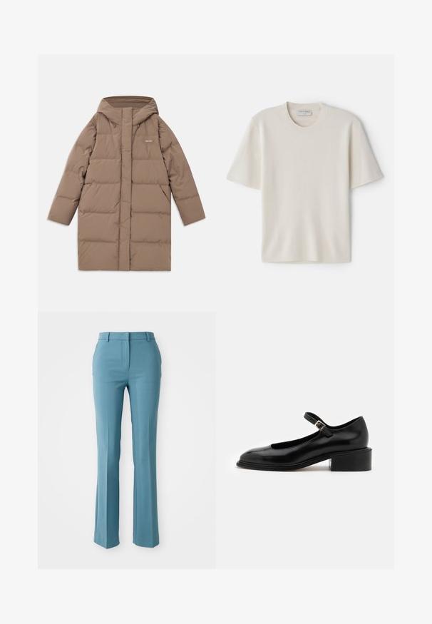 Rjava izolirana pufjakna s kapuco, s pravim krojem, prešitjem in diskretnim logotipom na prsih. Gladka tekstura.; Kremna majica s kratkimi rokavi z okroglo izrezom, izdelana iz mehkega materiala, s ravnim krojem in minimalnimi detajli.; Prilagojeni hlače iz svetlo teal tkanine, z ravnim krojem, ravnim sprednjim delom in zankami za pas. Gladka tekstura z detajli gub.; Souliers Martinez PENELOPE - Visoke pete - black