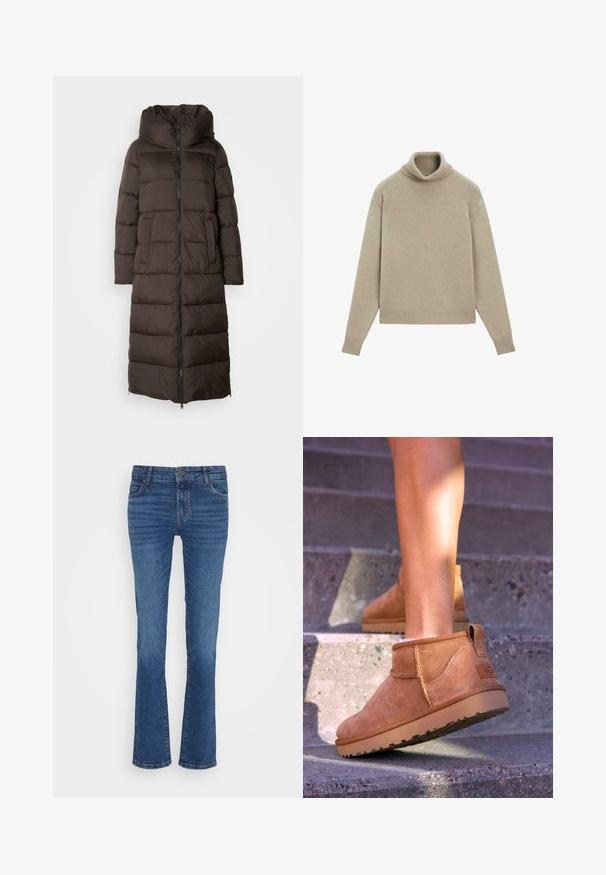 Brun puffermantel med lång, vadderad design, hög krage, framsidig dragkedja och sidofickor. Slät, strukturerad tyg med en glänsande yta.; Beige polotröja gjord av mjukt material, med ribbad krage och avslut, avslappnad passform och långa ärmar. Slät textur, minimalistisk design.; Blå denimjeans med rak bendesign, som har ljus blekning, femfickslayout och en metallknappsstängning vid midjan.; Tan mockasiner med en mjuk textur, sömnadsdetaljer och en gummisula, med en öglad häl för enkel påtagning.
