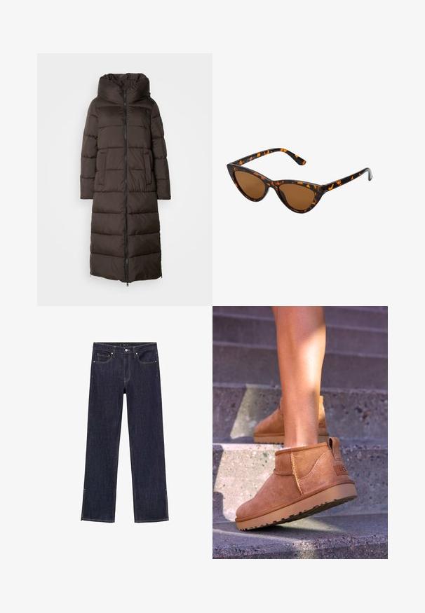 Cappotto imbottito marrone con un design lungo e imbottito, colletto alto, zip frontale e tasche laterali. Tessuto liscio e testurizzato con una finitura lucida.; Maglione beige a collo alto realizzato in tessuto morbido, con colletto e bordi a coste, vestibilità rilassata e maniche lunghe. Texture liscia, design minimal.; Jeans in denim blu scuro con design a gamba dritta, caratterizzati da cinque tasche e cuciture a contrasto. L'orlo presenta spacchi laterali per un tocco di dettagli.; Stivali alla caviglia in suede beige con una consistenza morbida, dettagli cuciti e suola in gomma, dotati di un tacco ad anello per una facile vestibilità.; Occhiali da sole cat-eye con una montatura tartarugata nera e arancione, lenti marroni e punte affusolate e eleganti. Presentano un logo minimale sulla asta.