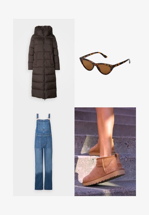 Brown puffer coat with a long, padded design, high collar, front zipper, and side pockets. Smooth, textured fabric with a shiny finish.; Beige turtleneck sweater made of soft fabric, featuring a ribbed collar and hems, relaxed fit, and long sleeves. Smooth texture, minimal design.; Denim overalls with adjustable straps, front and back pockets, and a loose, straight-leg cut. Color: medium blue with a faded effect.; Tan suede ankle boots with a soft texture, stitched detailing, and a rubber sole, featuring a looped heel for easy wear.; Cat-eye sunglasses with a black and orange tortoiseshell frame, brown lenses, and sleek, pointed tips. Features a minimal logo on the temple.