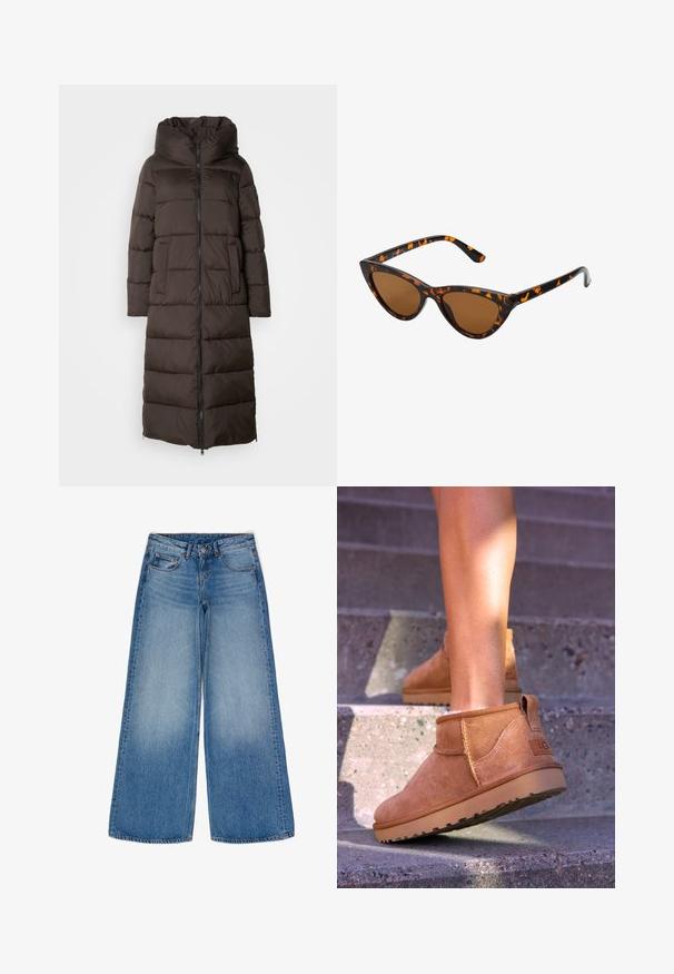 Brown puffer coat with a long, padded design, high collar, front zipper, and side pockets. Smooth, textured fabric with a shiny finish.; Beige turtleneck sweater made of soft fabric, featuring a ribbed collar and hems, relaxed fit, and long sleeves. Smooth texture, minimal design.; Wide-leg blue denim jeans with a faded wash. Features sturdy pockets, a high waist, and a classic button and zipper closure.; Tan suede ankle boots with a soft texture, stitched detailing, and a rubber sole, featuring a looped heel for easy wear.; Cat-eye sunglasses with a black and orange tortoiseshell frame, brown lenses, and sleek, pointed tips. Features a minimal logo on the temple.