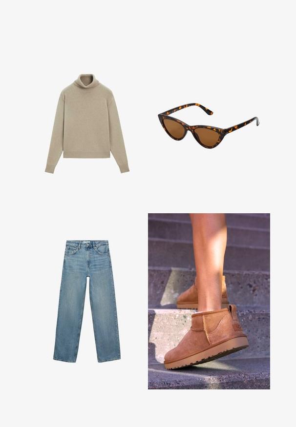 Brauner Puffer-Mantel mit langem, gepolstertem Design, hohem Kragen, Frontreißverschluss und Seitentaschen. Glattes, strukturiertes Material mit glänzender Oberfläche.; Beige Rollkragenpullover aus weichem Material, mit geripptem Kragen und Säumen, lässiger Passform und langen Ärmeln. Glatte Textur, minimalistisches Design.; Hellblaue Jeans aus Denim mit geradem Bein, hoher Taille, fünf Taschen und Kontrastnähten. Keine Verzierungen oder Muster vorhanden.; Beige Wildleder-Ankelstiefel mit weicher Textur, gesteppten Details und einer Gummisohle, ausgestattet mit einer Schlaufe an der Ferse für einfaches An- und Ausziehen.; Katzenaugen-Sonnenbrille mit einem schwarz-orangenen Schildpattrahmen, braunen Gläsern und schlanken, spitzen Enden. Verfügt über ein minimalistisches Logo am Bügel.