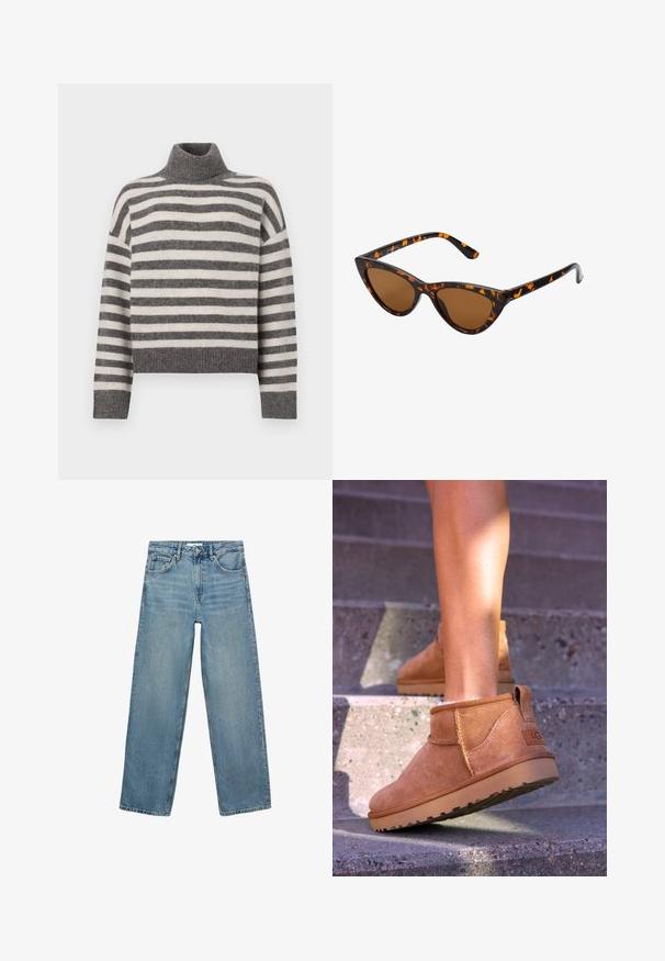 Ruskea kuoritakki, jossa on pitkä, pehmeä muotoilu, korkea kaulus, edestä avattava vetoketju ja sivutaskut. Silkkinen, teksturoitu kangas, jossa on kiiltävä pinta.; Raidallinen korkeakauluksinen villapaita harmaassa ja kermassa. Pehmeä materiaali, jossa on rento istuvuus, ja ribbireunat kauluksessa ja helmassa.; Vaaleansinisiä farkkuja, joissa on suora lahje, korkea vyötärö, viisi taskua ja kontrastiväriset tikkaukset. Ei koristeita tai kuvioita.; Kahdenruskeat mokkanahkaiset nilkkurit, joissa on pehmeä pinta, kirjailtua yksityiskohtaa ja kumipohja. Kengissä on myös kätevä lenkki kantapäässä, joka helpottaa pukemista.; Kattöga solglasögon med en svart och orange sköldpaddsmönstrad båge, bruna linser och slanka, spetsiga spetsar. Har en minimal logotyp på skalmen.