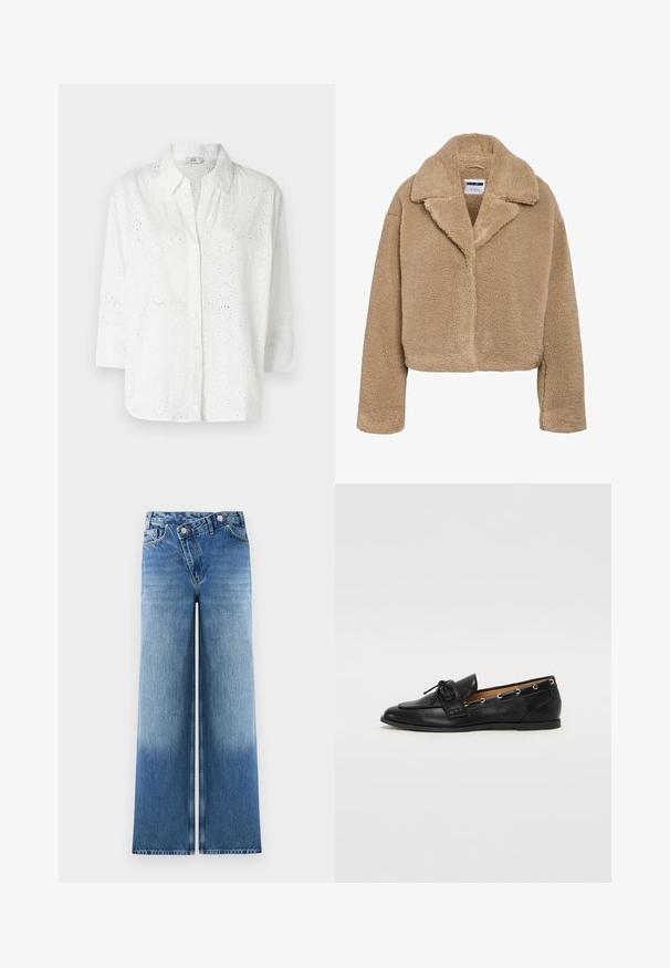 Cropped beige teddy coat with a notched collar, textured fleece material, and long sleeves. Features a hidden front closure.; White button-up shirt made of embroidered fabric with eyelet cutouts, featuring a collar and three-quarter sleeves.; Light blue wide-leg jeans with a faded wash, featuring a classic five-pocket design and metal button accents at the waist.; Black leather loafers with a tied bow, featuring gold eyelet accents along the sides and a flat rubber sole. Smooth texture, classic design.