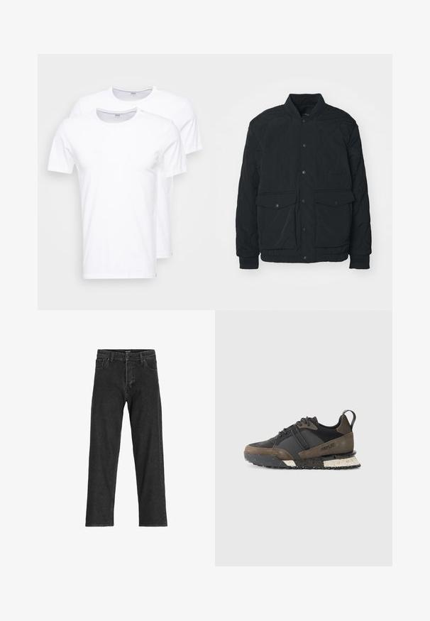 Svart quiltet jakke med ribbestrikket krage, trykknapper, to frontlommer og elastiske ermer; har en matt overflate og lett design.; Hvite bomull T-skjorter i en pakke med to. Rund hals, korte ermer og en glatt tekstur. Ingen mønstre eller grafikk.; Sorte denimjeans med rett ben-design, som har glidelås, beltehemper og seks lommer, laget av et slitesterkt bomullsmateriale.; Replay FIELD JUPITER CRAFT - Joggesko - black/dark grey