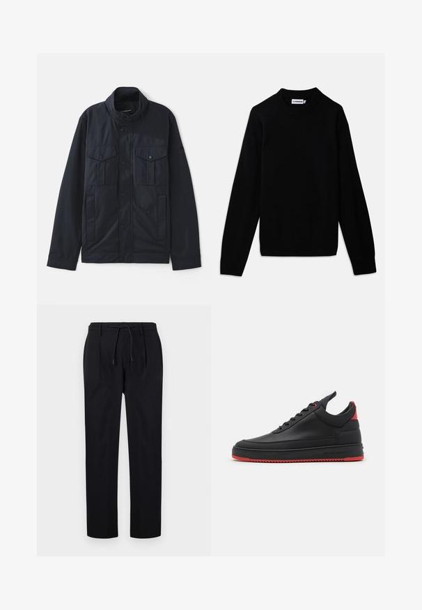 Giacca navy con colletto strutturato, chiusura con bottoni a pressione, due tasche sul petto e una finitura morbida e opaca. Progettata per funzionalità e comfort.; Maglione nero con scollatura rotonda a coste, maniche lunghe e un motivo a maglia testurizzato. Senza loghi o decorazioni visibili.; Pantaloni neri in tessuto liscio, con vita regolabile, gambe dritte e pieghe frontali per un aspetto strutturato.; Filling Pieces TOP TECH CRUMBS - Sneakers basse - black