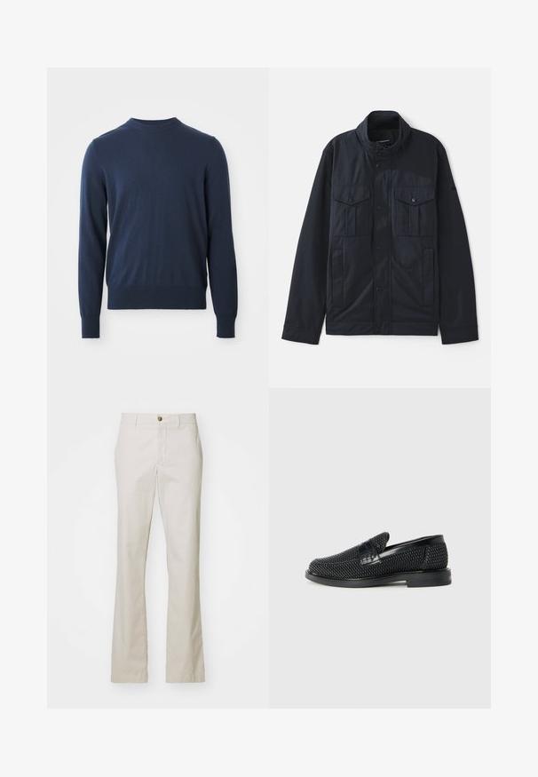 Marineblaues Jacket mit strukturiertem Kragen, Druckknopfverschluss, zwei Brusttaschen und einer weichen, matten Oberfläche. Entworfen für Funktionalität und Komfort.; Dunkelblaues Langarm-Pullover mit Rundhalsausschnitt, mit gerippten Bündchen und Saum, vor einem weißen Hintergrund präsentiert.; J.LINDEBERG LOIS CLOUD PANTS - Stoffhose - moonbeam; Schwarzer geflochtener Slipper mit einem glatten Lederakzent im Obermaterial, einem runden Zehendesign und einer flachen Gummisohle.