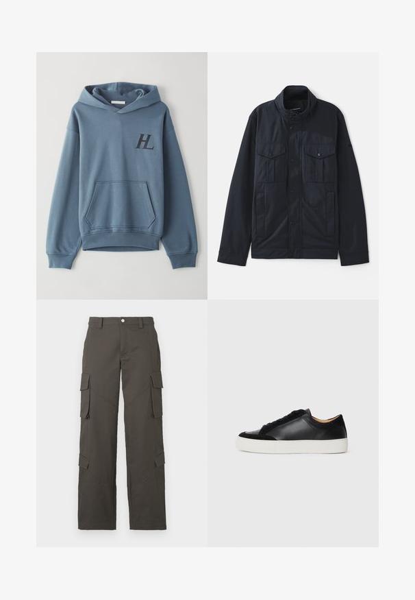 Giacca navy con colletto strutturato, chiusura con bottoni a pressione, due tasche sul petto e una finitura morbida e opaca. Progettata per funzionalità e comfort.; Felpa blu in cotone con tasca frontale, polsini a coste e cappuccio regolabile con lacci. Presenta un logo "HL" nero sul petto. Texture morbida.; Pantaloni cargo dritti grigio scuro con chiusura a bottone e quattro tasche con pattina, due sulle cosce e due vicino ai polpacci.; Sneaker nera in pelle con accenti in suede, punta rotonda, suola piatta in gomma bianca e texture contrastanti sulla parte superiore e sui lacci.