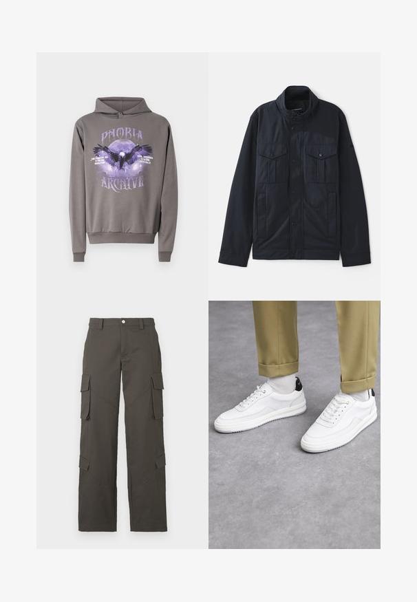 Giacca navy con colletto strutturato, chiusura con bottoni a pressione, due tasche sul petto e una finitura morbida e opaca. Progettata per funzionalità e comfort.; Felpa grigia con cappuccio caratterizzata da una stampa grafica di un'aquila e una luna in viola, con il testo "PHOBIA ARCHIVE" e dettagli dell'evento. Tessuto morbido, vestibilità regolare.; Pantaloni cargo dritti grigio scuro con chiusura a bottone e quattro tasche con pattina, due sulle cosce e due vicino ai polpacci.; Sneaker bianchi con finitura in pelle testurizzata, punta arrotondata e accentuazione nera sul tallone. Suola in gomma con piccolo motivo di battistrada e dettagli cuciti.