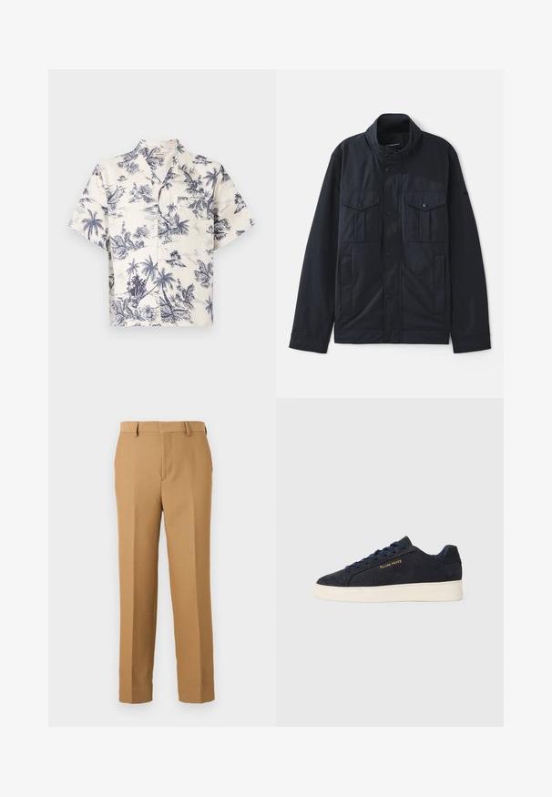 Giacca navy con colletto strutturato, chiusura con bottoni a pressione, due tasche sul petto e una finitura morbida e opaca. Progettata per funzionalità e comfort.; Camicia a maniche corte in tessuto crema con stampa tropicale di palme blu, caratterizzata da un colletto standard e chiusura con bottoni.; Pantaloni beige in tessuto tessuto, con taglio dritto, frontale piatto e passanti per cintura. Texture liscia senza motivi visibili.; Sneaker bassa in suede blu navy con suola bianca, lacci blu navy e logo "Filling Pieces" in oro sul lato.