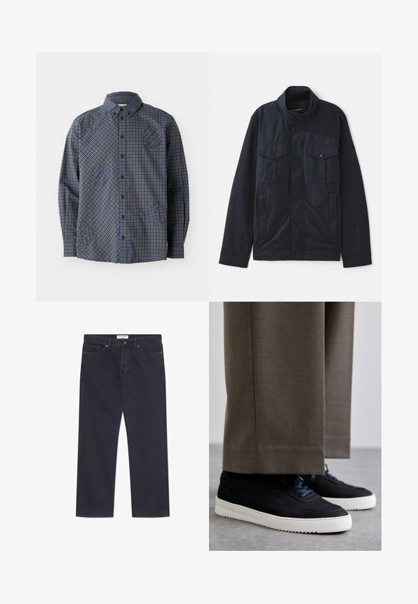 Navy jacket with a structured collar, snap button closure, two chest pockets, and a soft, matte finish. Designed for utility and comfort.; Henrik Vibskov BLOCK - Shirt - checks; Dark blue denim jeans with a straight-leg design, five pockets, and a classic button and zipper closure. Features contrast stitching.; Black suede sneakers with white rubber soles, featuring a rounded toe and laces, worn with gray tailored pants.