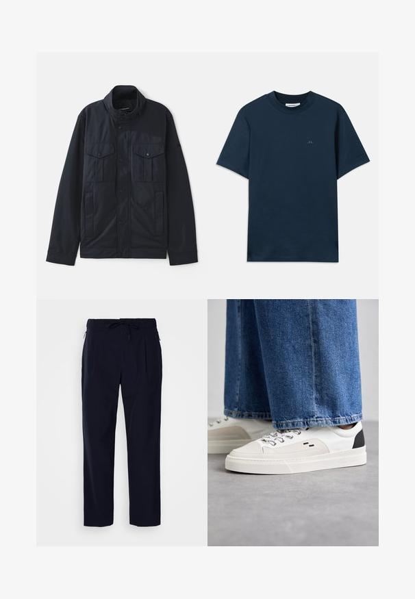 Marinblå jacka med en strukturerad krage, tryckknappsstängning, två bröstfickor och en mjuk, matt finish. Designad för både funktion och komfort.; Marinblå bomulls t-shirt med rund hals, kort ärm och en diskret logotyp tryckt på bröstet. Slät textur och klassisk passform.; J.LINDEBERG JIN PLEATED - Tygbyxor - navy; Vita och svarta sneakers med en slät läderöverdel, texturerade detaljer och en kraftig vit sula. Har en klassisk snörningsdesign.