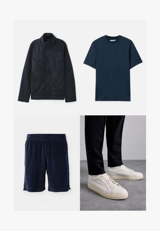 Marineblauwe jas met een gestructureerde kraag, drukknopen, twee borstzakken en een zachte, matte afwerking. Ontworpen voor functionaliteit en comfort.; Marineblauwe katoenen t-shirt met ronde hals, korte mouwen en een subtiel logo op de borst gedrukt. Glad textuur en klassieke pasvorm.; Navyblauwe badstof shorts met een elastische tailleband, knielang en zijzakken. Zachte textuur en eenvoudig ontwerp.; Lichtbeige leren sneakers met platte veters, een gestructureerd oppervlak en een contrasterende crème-kleurige rubberen zool, gecombineerd met zwarte taps toelopende broek.