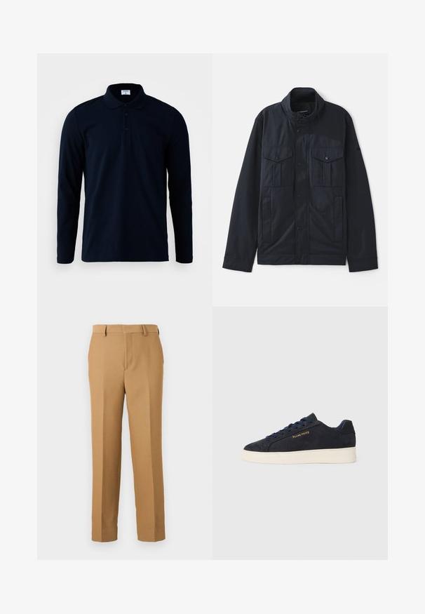 Marineblaues Jacket mit strukturiertem Kragen, Druckknopfverschluss, zwei Brusttaschen und einer weichen, matten Oberfläche. Entworfen für Funktionalität und Komfort.; Filippa K LUKE - Poloshirt - navy; Beige Anzughosen aus gewebtem Stoff, mit geradem Schnitt, flachem Front und Gürtelschlaufen. Glatte Textur ohne sichtbare Muster.; Marineblaue Wildleder Low-Top Sneaker mit weißer Sohle, marineblauen Schnürsenkeln und goldenem "Filling Pieces" Logo an der Seite.