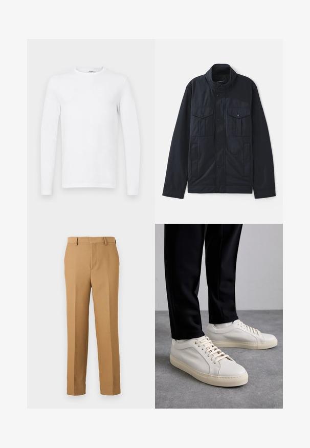 Merikanssijakku, jossa on rakenteellinen kaulus, painonappikiinnitys, kaksi rintataskua ja pehmeä, mattapintainen viimeistely. Suunniteltu käytännöllisyyttä ja mukavuutta varten.; Pitkähihaista yksiväristä valkoista pyöreäkaulaista paitaa esillä tasaisella vaaleanharmaalla taustalla.; Beige dressipüksid, mis on valmistatud kudumiskangast, omavad sirget lõiget, lapikut esiosa ja vöökohapritsmeid. Sile tekstuur ilma nähtavate mustriteta.; Vaaleanbeige nahkakengät, joissa on litteät nauhat, teksturoitu pinta ja kontrastiväri kermanvalkoinen kumipohja, yhdistettynä mustiin kapeisiin housuihin.