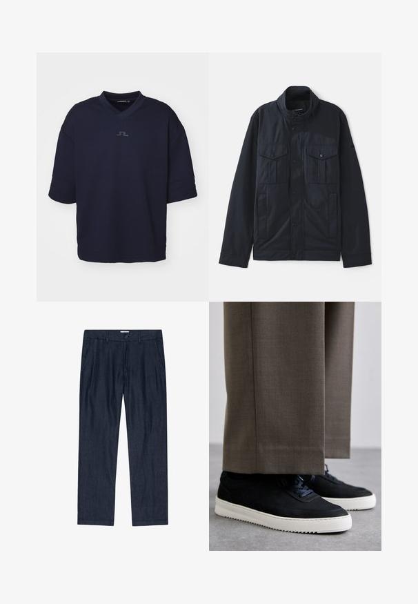 Merikanssijakku, jossa on rakenteellinen kaulus, painonappikiinnitys, kaksi rintataskua ja pehmeä, mattapintainen viimeistely. Suunniteltu käytännöllisyyttä ja mukavuutta varten.; Tummansininen lyhythihainen polo-paita, jossa on V-pääntie ja teksturoitu kangas. Rinnassa on hienovarainen logoyksityiskohta.; Tummansiniset, löysät housut, jotka on valmistettu teksturoidusta kankaasta ja joissa on nappikiinnitys sekä sivutaskut; suorat lahkeet pehmeällä pinnalla.; Mustat mokkakengät valkoisilla kumipohjilla, joissa on pyöreä kärki ja nauhat, käytetään harmaiden räätälöityjen housujen kanssa.