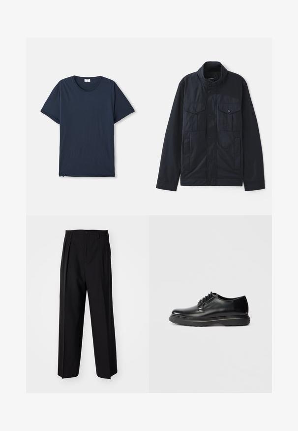 Marinblå jacka med en strukturerad krage, tryckknappsstängning, två bröstfickor och en mjuk, matt finish. Designad för både funktion och komfort.; Mörkblå t-shirt med kort ärm och rund halsringning, med en liten vit etikett inuti kragen mot en vit bakgrund.; Svarta plisserade byxor med en rak, bred bendesign. Tillverkade av ett slätt tyg, med knäppning fram och bälteshällor.; Svart läder snörskor Oxford med tjock sula och "WATERMAN" präglat på sidan, visat i profil på ljusgrå bakgrund.