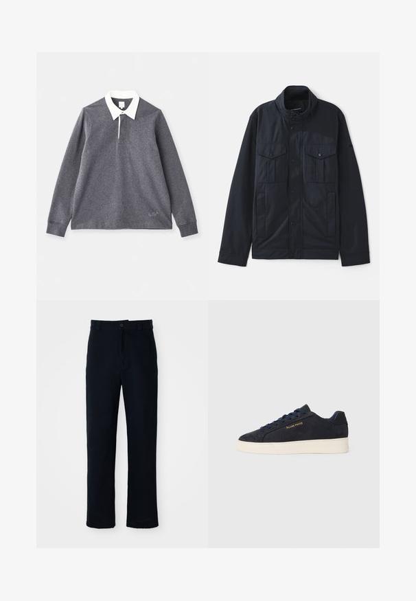 Marinblå jacka med en strukturerad krage, tryckknappsstängning, två bröstfickor och en mjuk, matt finish. Designad för både funktion och komfort.; Grå långärmad polo skjorta i bomullsblandning med vit krage. Har en knappslå och broderad logotyp vid fållen.; Mörkblå bomullsbyxor med rak bendesign, frontknappstängning och klassisk midja med bälteshällor.; Mörkblå mocka låga sneakers med vit sula, mörkblå snören och "Filling Pieces"-logotyp i guld på sidan.