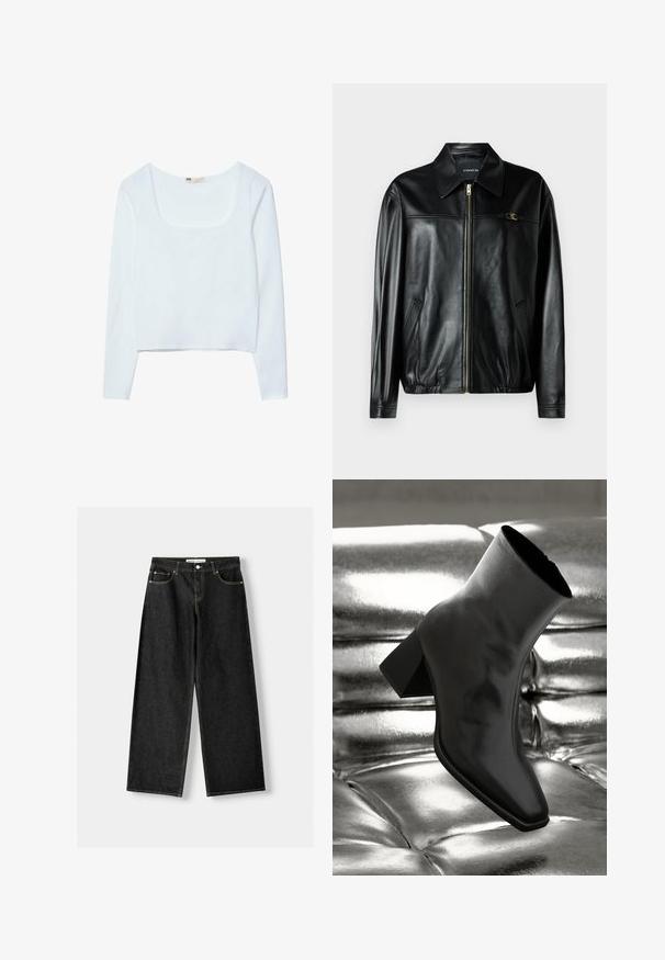 Schwarze Lederjacke mit Reißverschluss vorne, spitzem Kragen und zwei Seitentaschen. Verfügt über eine goldfarbene Hardware-Akzentuierung auf der Brust.; Weißes, langärmeliges, cropped Top mit quadratischem Ausschnitt und glattem, strukturiertem Stoff. Keine sichtbaren Muster oder Hardware-Details.; Schwarze Jeans mit weitem Bein aus Denim, mit fünf Taschen, metallischem Knopf und Reißverschluss und kontrastierenden gelben Nähten entlang der Nähte.; Schwarzer Knöchelstiefel aus glänzendem Material mit quadratischer Zehenform und verjüngtem Absatz, vor einem glänzenden silbernen gepolsterten Hintergrund.