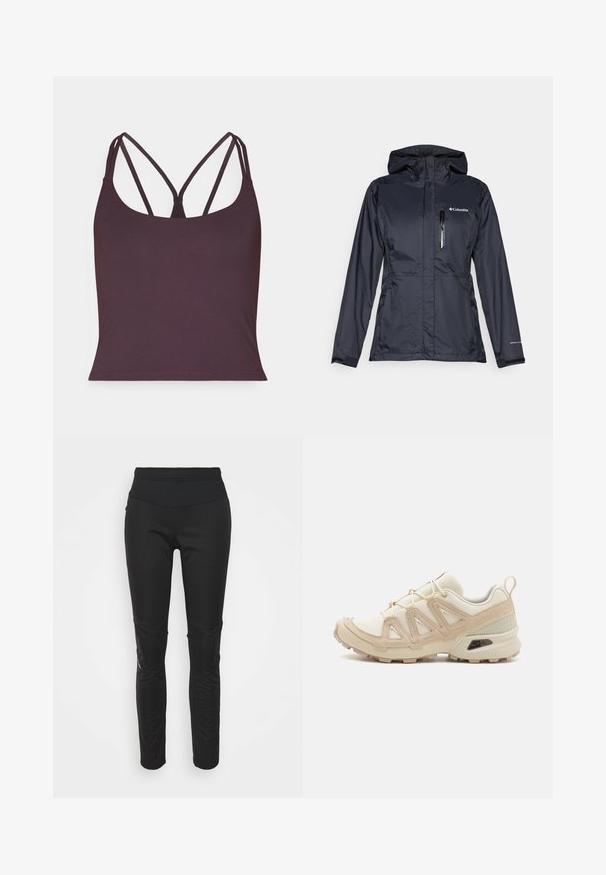 Veste Columbia résistante à l'eau de couleur bleu foncé, avec une poche zippée sur la poitrine, une capuche ajustable et des poignets élastiques pour un ajustement confortable.; Débardeur violet foncé en tissu lisse avec de fines bretelles doubles et un col arrondi. Ourlet sans coutures au bas.; Leggings de sport noirs avec une taille haute, texture lisse, détail de logo et accents en panneaux latéraux pour un intérêt visuel supplémentaire.; Baskets de sport beiges et crème avec une tige en mesh texturé, des superpositions de soutien et une semelle en caoutchouc dotée d'un motif de crampons pour une traction.