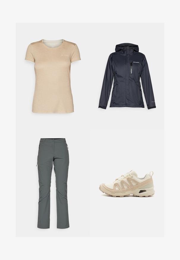 Giacca Columbia impermeabile di colore blu scuro, dotata di tasca sul petto con zip, cappuccio regolabile e polsini elasticizzati per una vestibilità aderente.; T-shirt beige a maniche corte in tessuto morbido. Collo rotondo con bordatura chiara e logo discreto stampato vicino alla spalla.; Pantaloni grigi da esterno realizzati in tessuto leggero e testurizzato; presentano tasche con zip e un design aderente con taglio dritto.; Scarpa atletica beige e crema con tomaia in mesh testurizzato, sovrapposizioni supportive e suola in gomma con un motivo a tasselli per la trazione.