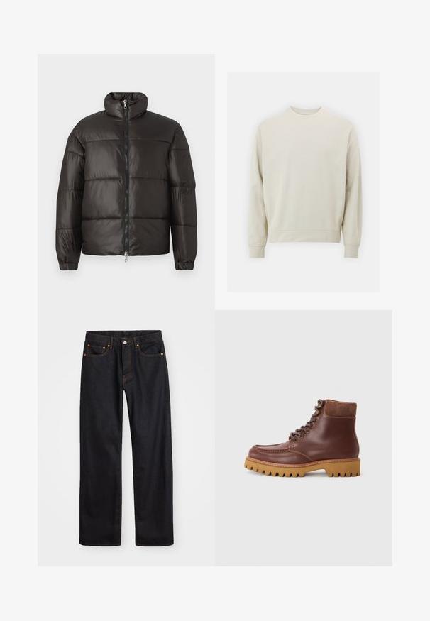 Svart pufferjakke med høy krage, glidelås og horisontale quilte seksjoner. Laget av blankt, glatt materiale med elastiske mansjetter.; Lys beige sweatshirt laget av myk stoff med rund hals, lange ermer og ribbestrikkede mansjetter og hem. Minimalistisk design, ingen synlige mønstre.; Men's straight-leg svarte denim jeans med fem lommer og oransje søm, knapp og glidelås lukking foran på midjen.; Brune lær ankle boots med ruskind detaljer, rund tå og teksturert gummisåle. Har metalløyelater og flate snører.