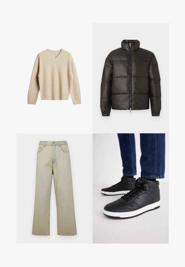 Black puffer jacket with a high collar, zip closure, and horizontal quilted sections. Made of shiny, smooth material with elastic cuffs.; Beige, ribbed knit sweater with a V-neck and long sleeves. Features a relaxed fit and textured fabric for added warmth and comfort.; Light blue wide-leg jeans made of denim with a faded finish. Features five pockets and a front button closure.; Black high-top sneakers made of textured leather, featuring black laces, a white rubber sole, and a small logo on the side.