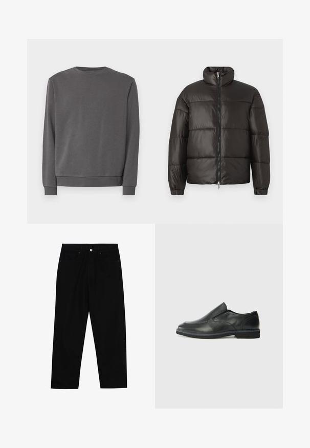 Schwarze Steppjacke mit hohem Kragen, Reißverschluss und horizontalen Steppnähten. Hergestellt aus glänzendem, glattem Material mit elastischen Bündchen.; Grauer Pullover aus weicher Baumwollmischung, mit rundem Halsauschnitt, langen Ärmeln und gerippten Bündchen und Saum. Glatte Textur, ohne Muster.; Schwarze Jeans mit geradem Schnitt, Fünf-Taschen-Design und einem vorderen Knopfverschluss. Glatte Textur mit minimalen Nähten.; Schwarze Leder-Slipper mit glattem Obermaterial, gesteppten Akzenten, runder Zehenpartie und niedrigem Gummiabsatz. Die Sohle hat ein minimales Profil.