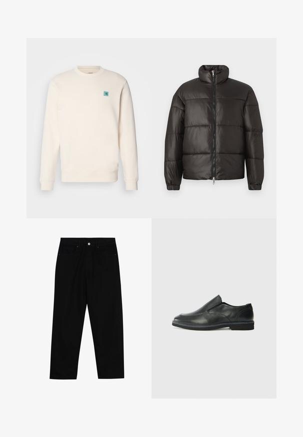 Giacca puffer nera con colletto alto, chiusura con zip e sezioni orizzontali trapuntate. Realizzata in materiale lucido e liscio con polsini elasticizzati.; Felpa di colore crema realizzata in un tessuto morbido, con scollatura rotonda, polsini a coste, orlo dritto e un piccolo emblema blu sul petto.; Pantaloni in denim nero con taglio dritto, design a cinque tasche e chiusura frontale con bottone. Tessuto liscio con dettagli di cucitura minimi.; Scarpa nera in pelle con inserto scivolare, superiore liscio, dettagli cuciti, punta arrotondata e tacco in gomma basso. La suola presenta un battistrada minimale.