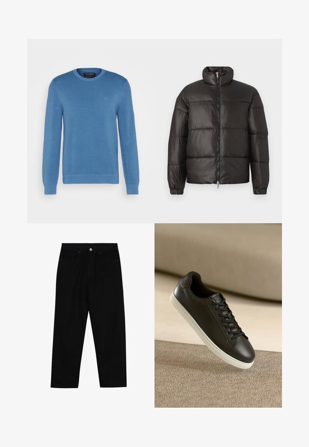 Mustat puffatakki, jossa on korkea kaulus, vetoketjusulku ja vaakasuorat tikkausosat. Valmistettu kiiltävästä, sileästä materiaalista ja joustavista hihaosuista.; Vaaleansininen neulepaita, jossa on pyöreä pääntie, pitkät hihat ja tekstuuri. Sisältää pienen logon vasemmassa yläkulmassa.; Mustat farkut suoraan lahkeella, viisi taskua ja etunappikiinnitys. Sileä rakenne, jossa on vain vähäisiä ompelualueita.; Mustat nahkaiset lenkkarit valkoisella kumipohjalla ja mustilla nauhoilla, aseteltuna vaaleanbeigejän kankaan pinnan ja taustan päälle.