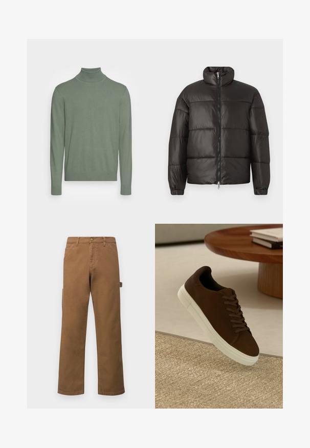 Mustat puffatakki, jossa on korkea kaulus, vetoketjusulku ja vaakasuorat tikkausosat. Valmistettu kiiltävästä, sileästä materiaalista ja joustavista hihaosuista.; Vihreä poolopaita, joka on valmistettu pehmeästä neuloksesta. Siinä on pitkät hihat, istuva kaula-aukko sekä resorit hihoissa ja helmassa. Ei näkyviä kuvioita.; Ruskeat puuvillaiset cargo-housut, joissa suorat lahkeet, sivutaskut ja metallinen napitus vyötäröllä. Silkkinen pinta ja rento muotoilu.; Ruskeat mokkakengät, joissa on litteät nauhat ja valkoinen kumipohja, pyöristetty kärki ja minimalistinen muotoilu, asetettuna teksturoidulle pinnalle.