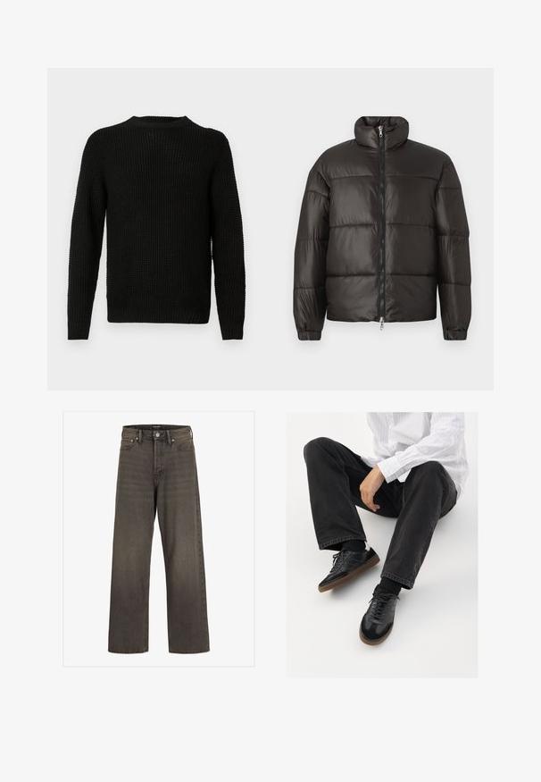 Doudoune noire avec un col haut, fermeture éclair et sections cousues horizontalement. Fabriquée en matériau brillant et lisse avec des poignets élastiques.; Pull en maille noire avec un col rond, des manches longues, un motif texturé et des poignets et un ourlet côtelés. Design classique à coupe ample.; Jean large en denim gris foncé, avec une taille haute, un design classique à cinq poches et des coutures contrastantes le long des coutures.; Sneakers noirs avec un dessus lisse et texturé, dotés d'une semelle en caoutchouc et de lacets sombres. Associés à un jean noir et une chemise blanche à rayures.