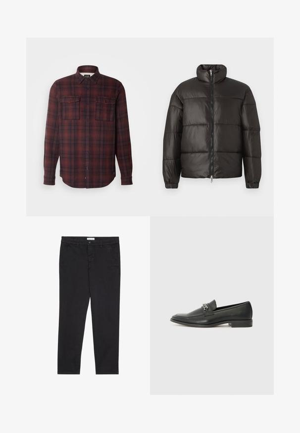 Črn puhovka z visokim ovratnikom, zadrgo in vodoravno prešitimi odseki. Narejena iz sijočega, gladkega materiala z elastičnimi manšeti.; Rdeče in črne karirane flanelaste srajce z ovratnikom na gumb, dvema žepoma na prsih in dolgimi rokavi. Ima sproščen kroj in ukrivljen rob.; Črne bombažne hlače s slim fit krojem, z dvema stranskima žepoma in sprednjim gumbom za zapiranje. Teksturirano blago z nežnimi detajli.; Črni usnjeni loafer z gladko površino, ki ima šivano zasnovo in dekorativni kovinski verižni naglas preko vampirja. Ravno peto.