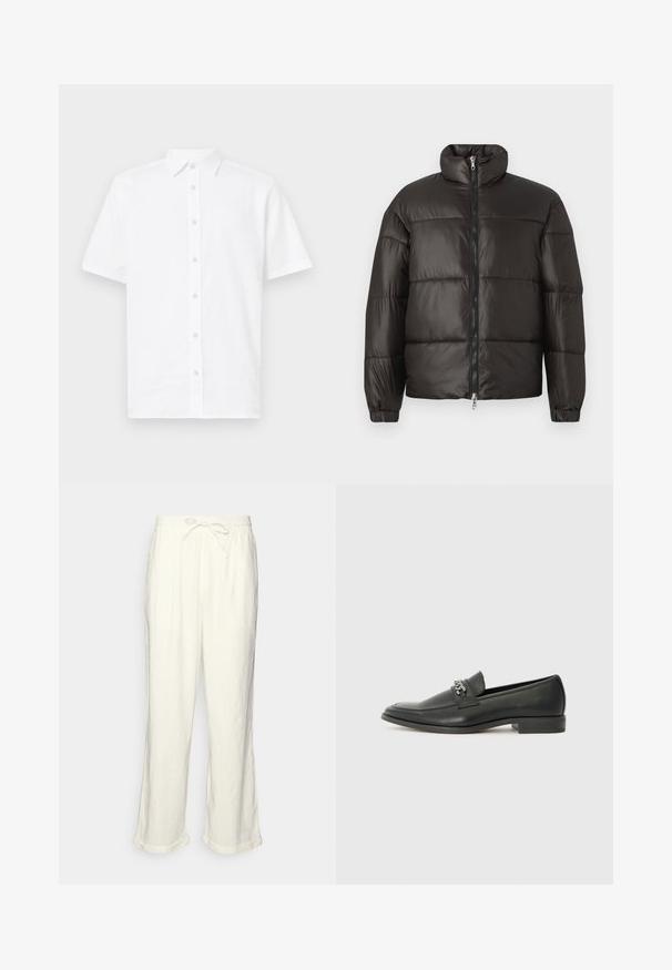 Giacca puffer nera con colletto alto, chiusura con zip e sezioni orizzontali trapuntate. Realizzata in materiale lucido e liscio con polsini elasticizzati.; Camicia bianca a maniche corte con bottoni realizzata in tessuto leggero. Presenta un colletto classico, un taglio dritto e sei bottoni sul davanti.; Pantaloni in lino di colore bianco sporco con vita regolabile, gamba leggermente ampia e orli arrotolati per un fit rilassato. Senza tasche.; Mocassino in pelle nera con finitura liscia, caratterizzato da un design cucito e da un accento decorativo in catena metallica sul vamp. Tacco piatto.