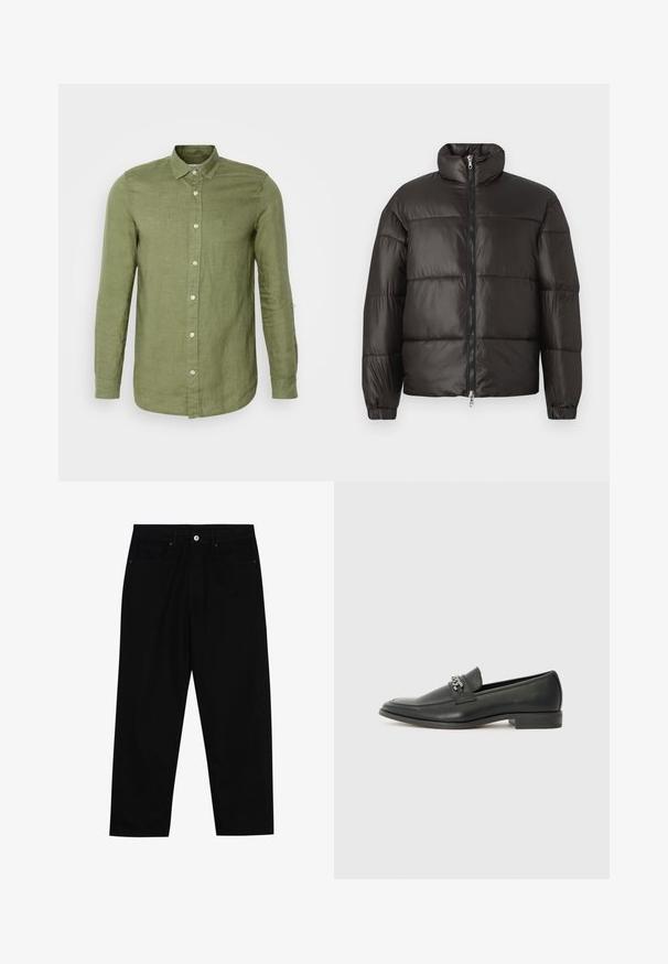 Giacca puffer nera con colletto alto, chiusura con zip e sezioni orizzontali trapuntate. Realizzata in materiale lucido e liscio con polsini elasticizzati.; Camicia a maniche lunghe in lino verde oliva con colletto alla francese, dotata di bottoni bianchi e vestibilità rilassata. Tessuto strutturato, polsini su misura.; Pantaloni in denim nero con taglio dritto, design a cinque tasche e chiusura frontale con bottone. Tessuto liscio con dettagli di cucitura minimi.; Mocassino in pelle nera con finitura liscia, caratterizzato da un design cucito e da un accento decorativo in catena metallica sul vamp. Tacco piatto.