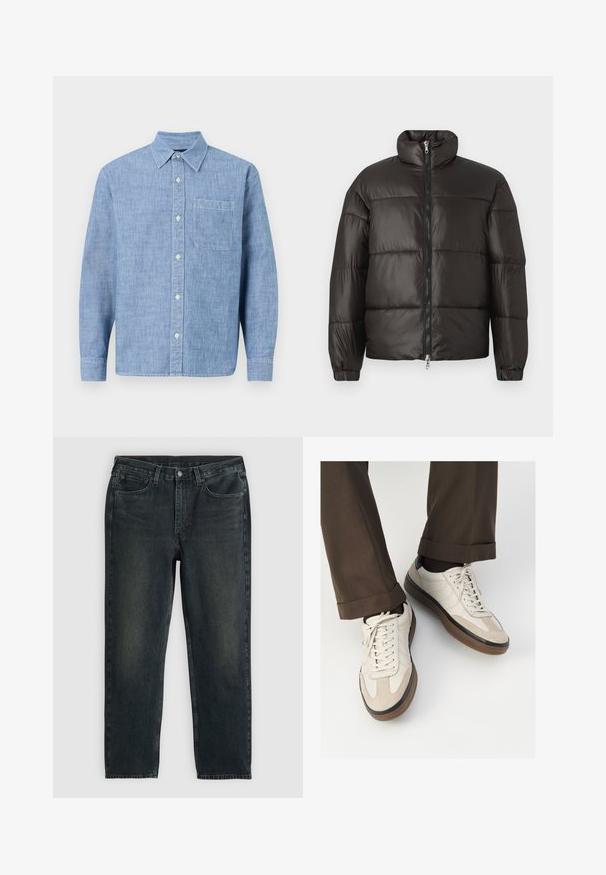 Jachetă puffer neagră cu guler înalt, închidere cu fermoar și secțiuni matlasate orizontale. Fabricată dintr-un material lucios și neted, cu mansete elastice.; Cămașă albastru deschis, cu mâneci lungi, dintr-un material texturat. Prezintă un guler, un buzunar frontal și închidere cu nasturi pe partea din față.; Blugi din denim de culoare albastru închis, cu croi drept, având cinci buzunare, fermoar și cusături în contrast. Ușor uzate pe material.; Adidași bej cu un vârf din suede texturat, laterale din piele netedă și o talpă din cauciuc maro. Șireturile și detalii de cusătură subtilă incluse.