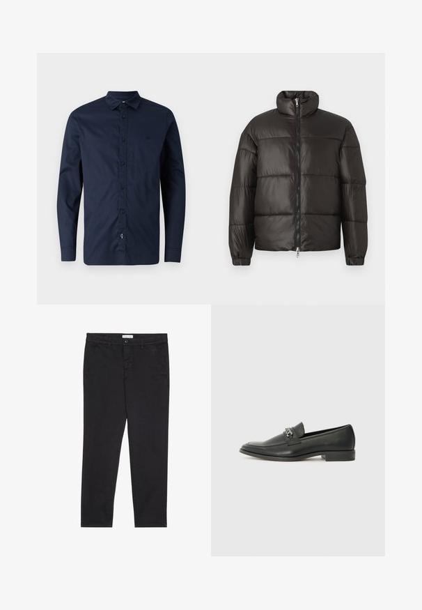 Giacca puffer nera con colletto alto, chiusura con zip e sezioni orizzontali trapuntate. Realizzata in materiale lucido e liscio con polsini elasticizzati.; Camicia a maniche lunghe blu navy in cotone, con colletto button-down, pattina frontale con bottoni e un logo discreto sul petto.; Pantaloni neri in cotone con vestibilità slim, dotati di due tasche laterali e chiusura anteriore con bottone. Tessuto testurizzato con dettagli sottili.; Mocassino in pelle nera con finitura liscia, caratterizzato da un design cucito e da un accento decorativo in catena metallica sul vamp. Tacco piatto.