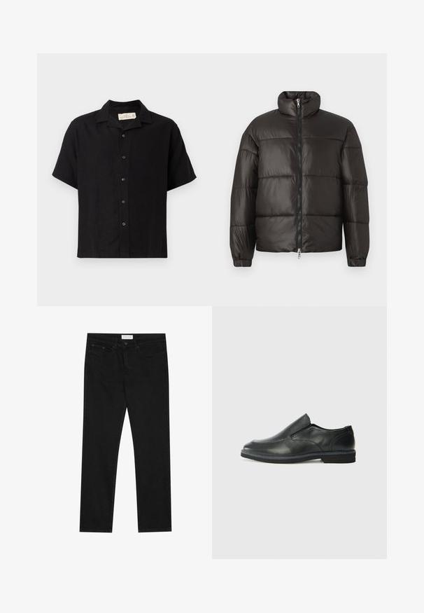 Sort pufferjakke med høj krave, lynlås lukning og vandrette quiltede sektioner. Fremstillet af skinnende, glat materiale med elastiske manchetter.; Sort kortærmet skjorte lavet af en blanding af linned, med spread krave, frontknaplukning og en afslappet pasform. Blød tekstur, minimalistisk design.; Sorte lige ben jeans med fem-lomme design, knap- og lynlåslukning samt et Pier One mærkeetiket på taljen.; Sorte læder slip-on sko med en glat overdel, syede detaljer, rund tå og en lav gummihæl. Sålen har minimal profil.