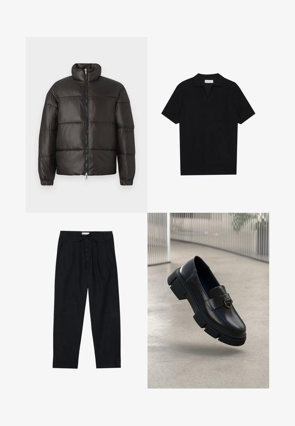 Musternahk, kõrge kraega must puffer jope, millel on tõmblukku sulgemine ja horisontaalsed tikandid. Valmistatud läikivast, siledast materjalist, millel on elastsed mansetid.; Must päikesepolo särk mustas värvitoonis, valmistatud tekstuurses ribakangas, millel on V-kaelus ja sirge äär. Ilma nähtavate logode või mustriteta.; Pier One Chino-püksid - black; Mustad mustadest nahast mokassiinid, millel on turske kummitald ja selgelt määratletud muster. Ees on rihm, millel on ümmargune metallaktsent.