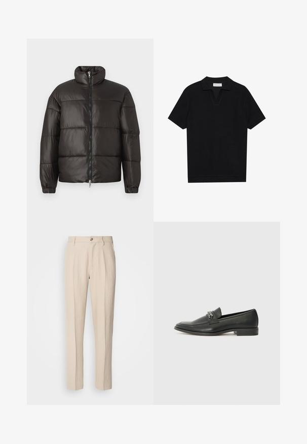 Doudoune noire avec un col haut, fermeture éclair et sections cousues horizontalement. Fabriquée en matériau brillant et lisse avec des poignets élastiques.; Polo shirt noir à manches courtes avec un tissu texturé et côtelé, présentant un col en V et un ourlet droit. Pas de logos ni de motifs visibles.; Pantalon beige sur mesure en tissu léger, doté d'une coupe droite, de deux poches avant et d'une fermeture à un bouton.; Mocassin en cuir noir avec une finition lisse, présentant un design cousu et une accent décoratif en chaîne métallique sur le rand. Talon plat.