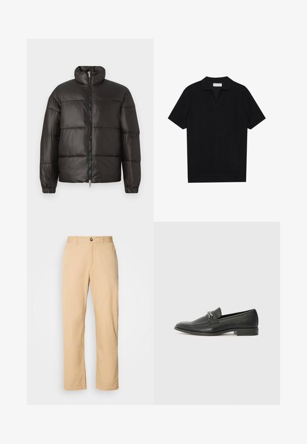 Casaco puffer preto com colarinho alto, fecho de zip e secções acolchoadas horizontais. Feito de material brilhante e suave com punhos elásticos.; Polo preto de manga curta com tecido texturizado e canelado, apresentando um decote em V e uma bainha reta. Sem logótipos ou padrões visíveis.; Calças de algodão cáqui com um design de pernas retas, apresentando um fecho frontal com botão e passadores para cinto. Textura suave e superfície lisa.; Sapatilha de couro preta com um acabamento suave, apresentando um design cosido e um detalhe decorativo de corrente de metal atravessando o peito do pé. Salto baixo.