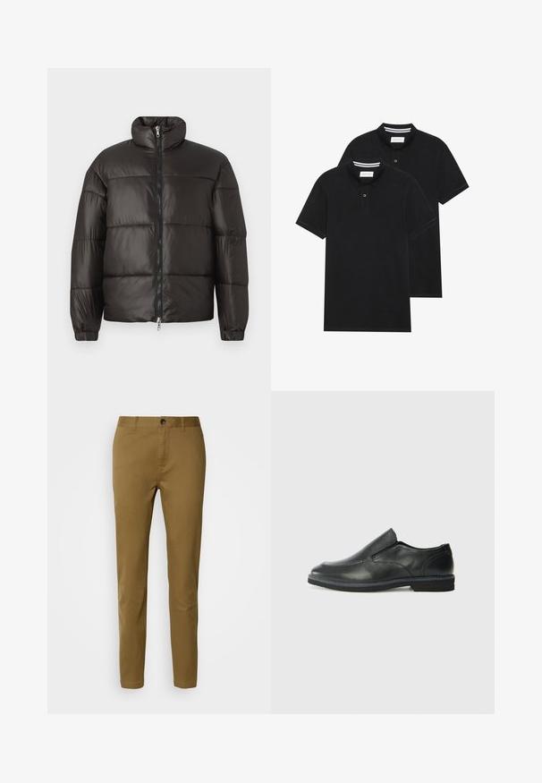 Fekete pufferszék kabát magas gallérral, cipzáras záródással és vízszintesen tűzött részekkel. Fényes, sima anyagból készült, elasztikus mandzsettákkal.; Két fekete pólóing, rövid ujjú, pamut anyagból készült, klasszikus gallérral, két gombos gombolással, és fehér csíkos díszítéssel a gallér belső részén.; Barna pamut nadrág, egyenes szabású, gombos záródással és övhurkokkal, sima textúrával, látható minták vagy díszítések nélkül.; Fekete bőr, slip-on cipő sima felsőrésszel, varrott díszítéssel, lekerekített orral és alacsony gumitalppal. A talpa minimális bordázattal rendelkezik.