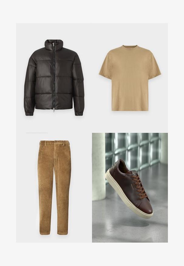 Sort pufferjakke med høj krave, lynlås lukning og vandrette quiltede sektioner. Fremstillet af skinnende, glat materiale med elastiske manchetter.; Khaki kortærmet T-shirt lavet af blødt stof, med rund halsudskæring og en afslappet pasform. Ingen mønstre eller grafik er synlige.; Brune corduroy bukser med lodret ribbet tekstur, lige snit, knaplukning og bæltestropper. Glat stof med en blød finish.; Brune lædersneaker med rund tå, brune snørebånd og en beige gummisål. Har minimal branding på siden.