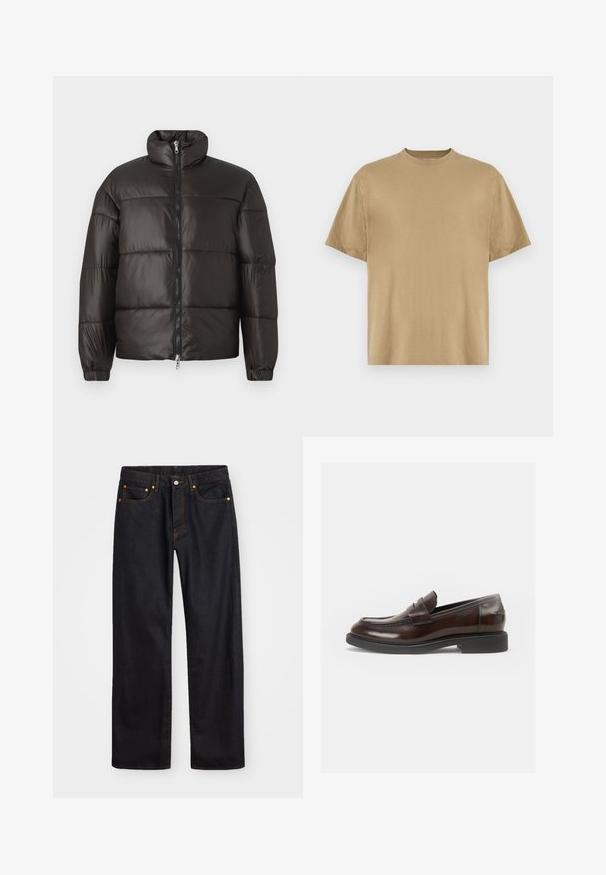 Sort pufferjakke med høj krave, lynlås lukning og vandrette quiltede sektioner. Fremstillet af skinnende, glat materiale med elastiske manchetter.; Khaki kortærmet T-shirt lavet af blødt stof, med rund halsudskæring og en afslappet pasform. Ingen mønstre eller grafik er synlige.; Mænds lige ben sorte denim jeans med fem lommer og orange syninger, knap- og lynlåslukning foran på taljen.; Vagabond ALEX - Business loafers - chestnut