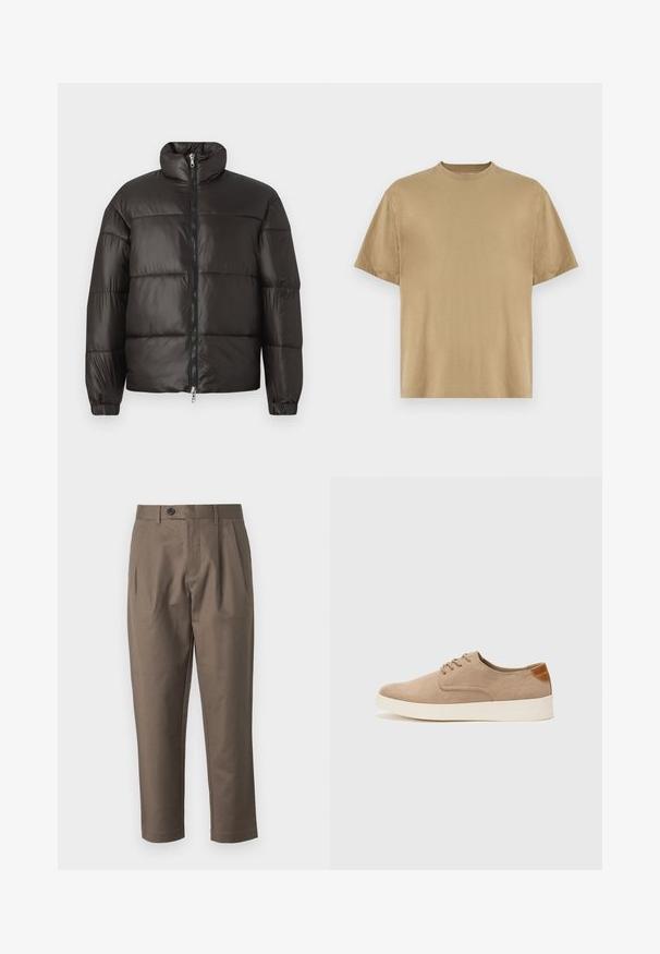 Schwarze Steppjacke mit hohem Kragen, Reißverschluss und horizontalen Steppnähten. Hergestellt aus glänzendem, glattem Material mit elastischen Bündchen.; Khakifarbenes T-Shirt mit kurzen Ärmeln aus weichem Stoff, mit einem Rundhalsausschnitt und einer lockeren Passform. Keine Muster oder Grafiken sichtbar.; Braune, maßgeschneiderte Hosen mit flachem Frontdesign, zwei seitlichen Taschen und Knopfverschluss. Glattes, leichtes Material mit geradem Bein.; Beige Wildleder-Sneaker mit runder Zehenpartie, Schnürung und strukturiertem Rückenteil. Die weiße Gummisohle sorgt für einen Kontrast. Einfaches und modernes Design.