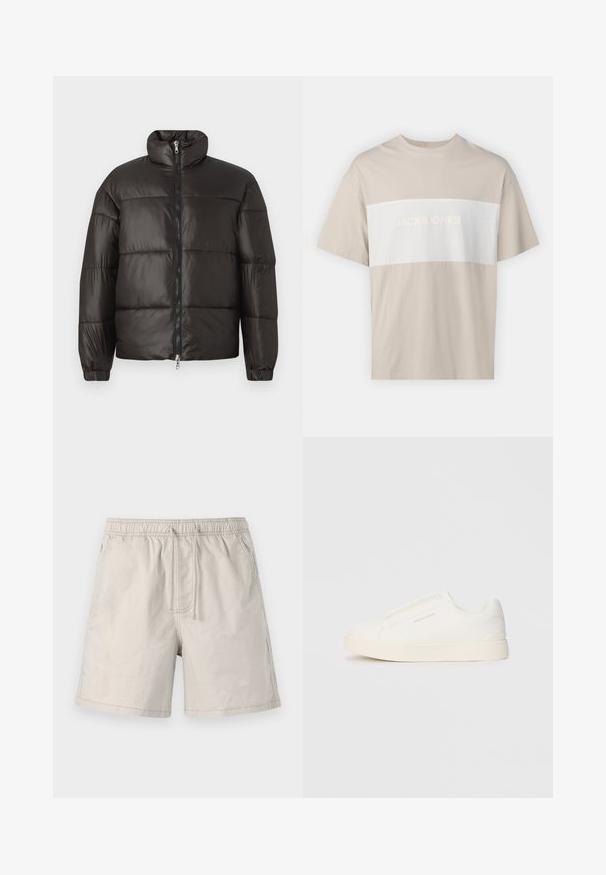Črn puhovka z visokim ovratnikom, zadrgo in vodoravno prešitimi odseki. Narejena iz sijočega, gladkega materiala z elastičnimi manšeti.; Bež bombažna majica s kratkimi rokavi, ki ima belo vodoravno ploščo z embosiranim napisom "JACK & JONES ESSENTIALS WORLDWIDE".; Bež hlače iz lahkega materiala, s fleksibilnim pasom, vezalko in stranskimi žepi z kontrastnim šivom.; Bele zapete brez vezalk z teksturirano površino, debelim podplatom in minimalističnim dizajnom. Na strani se nahaja logotip blagovne znamke.