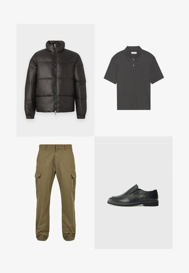 Črn puhovka z visokim ovratnikom, zadrgo in vodoravno prešitimi odseki. Narejena iz sijočega, gladkega materiala z elastičnimi manšeti.; Temno siva polo majica s tradicionalnim ovratnikom, tri gumbe zapenjanja, kratkimi rokavi in žepom na levi strani prsnega dela. Gladka tekstura tkanine.; Zelene cargo hlače s ravnim krojem, bombažni material, stranske žepe in gumbasto zaklepanje za funkcionalnost. Gladka tekstura, sproščen dizajn.; Črne usnjene natikače z gladkim zgornjim delom, prišitimi detajli, zaobljenim nosom in nizkim gumijastim petkom. Podplat ima minimalen profil.