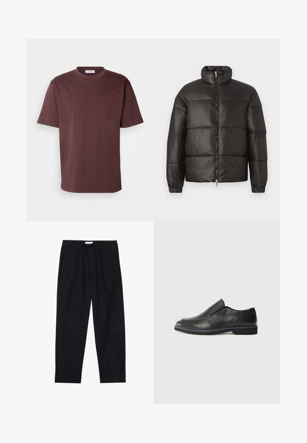 Černá prošívaná bunda s vysokým límcem, zipem a vodorovnými prošívanými sekcemi. Vyrobena z lesklého, hladkého materiálu s elastickými manžetami.; Lindbergh O NECK TEE OVERSIZE - Jednoduché tričko - berry brown; Pier One Chino kalhoty - black; Černá kožená nazouvací bota s hladkým svrškem, prošívanými detaily, zaoblenou špičkou a nízkým gumovým podpatkem. Podešev má minimální vzorek.