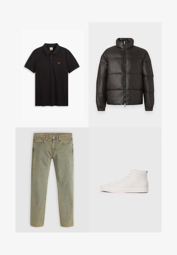 Čierna prešívaná bunda s vysokým golierom, zapínaním na zips a horizontálnymi prešívanými časťami. Vyrobená z lesklého, hladkého materiálu s elastickými manžetami.; Čierne polo tričko vyrobené z bavlny, s jemnou textúrou, tromi gombíkmi na golieri a malým červeným logom Levi's na hrudi.; Svetlozelené džíny z denimu so strihom rovného nohu. Obsahujú predné a zadné vrecká, medené nitovanie a béžové švy.; Biele vysoké tenisky z plátna s textúrovaným povrchom, vybavené bielymi očkami a gumovou podrážkou. Jednoduchý dizajn s kontrastným prešívaním.
